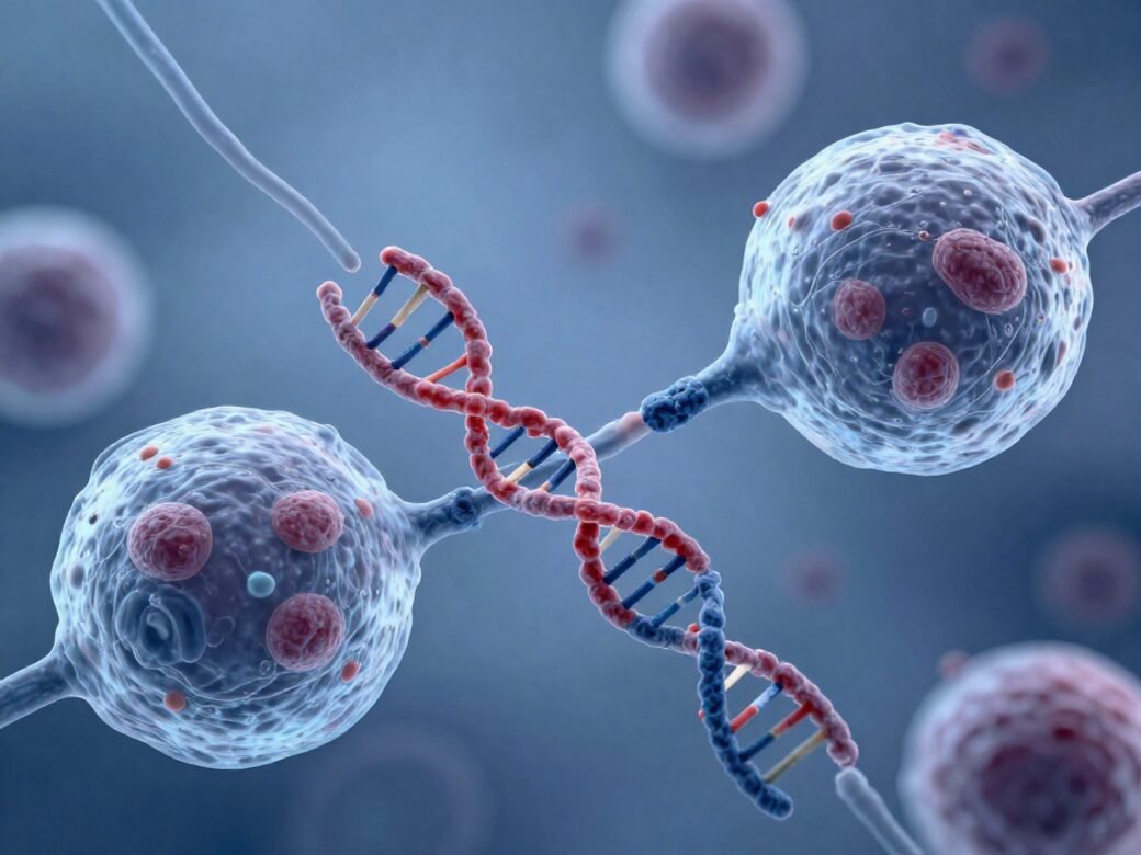 Illustration of a DNA double helix transferring between two human cells via a tunnelling nanotube