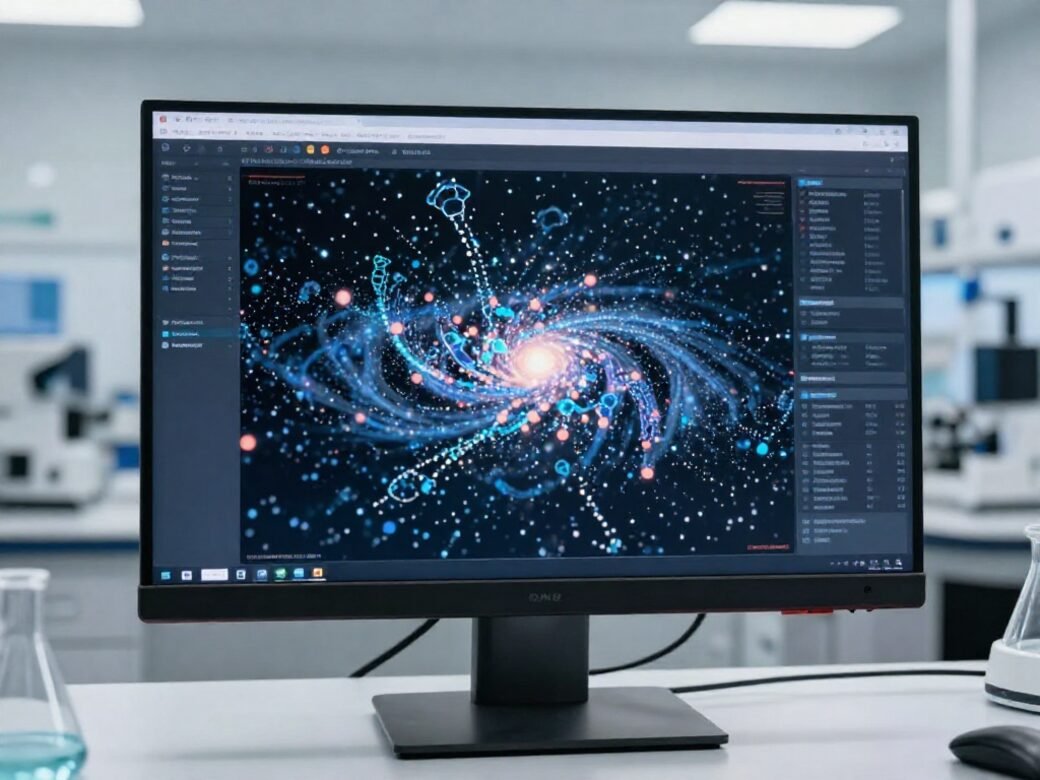 GalaxyVS drug discovery software visualising compound screening on a laboratory monitor