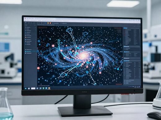 GalaxyVS AI drug screening software on a monitor in a laboratory