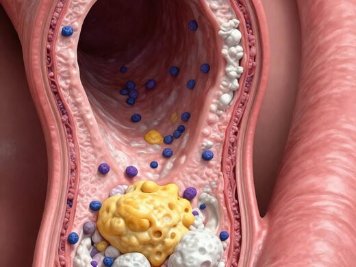 Cross-section of an artery with plaque buildup and inflammatory cells