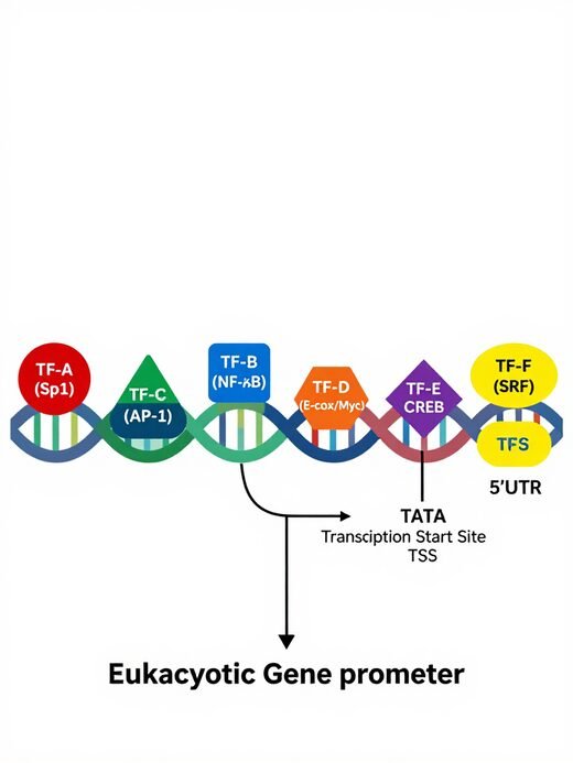 Eukaryotic gene promoter diagram showing transcription factors bound upstream of the transcription start site