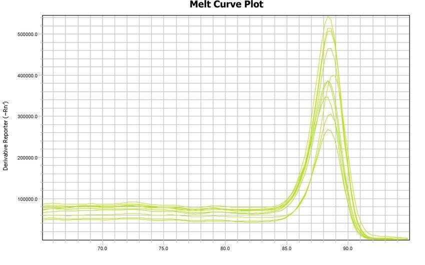 Melt curve plot showing a single derivative peak near 88 degrees Celsius across replicates
