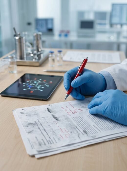 Scientist in a lab coat reviewing a research manuscript with a red pen beside a tablet showing a molecular structure