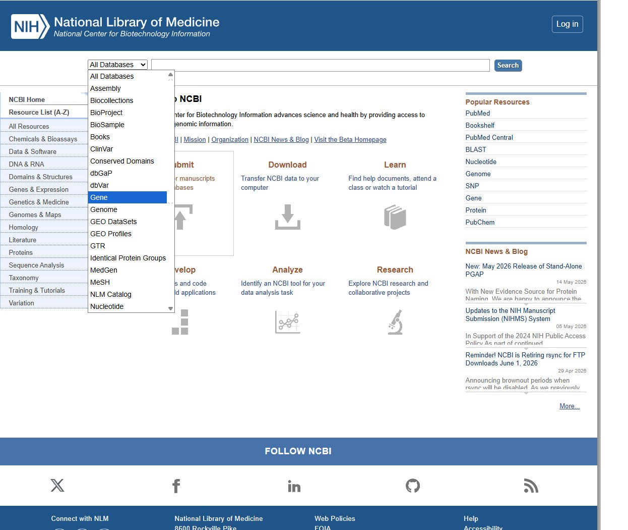 NCBI homepage with the Gene database selected in the search dropdown