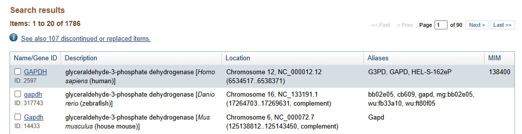 NCBI Gene search results with Homo sapiens GAPDH at the top of the list
