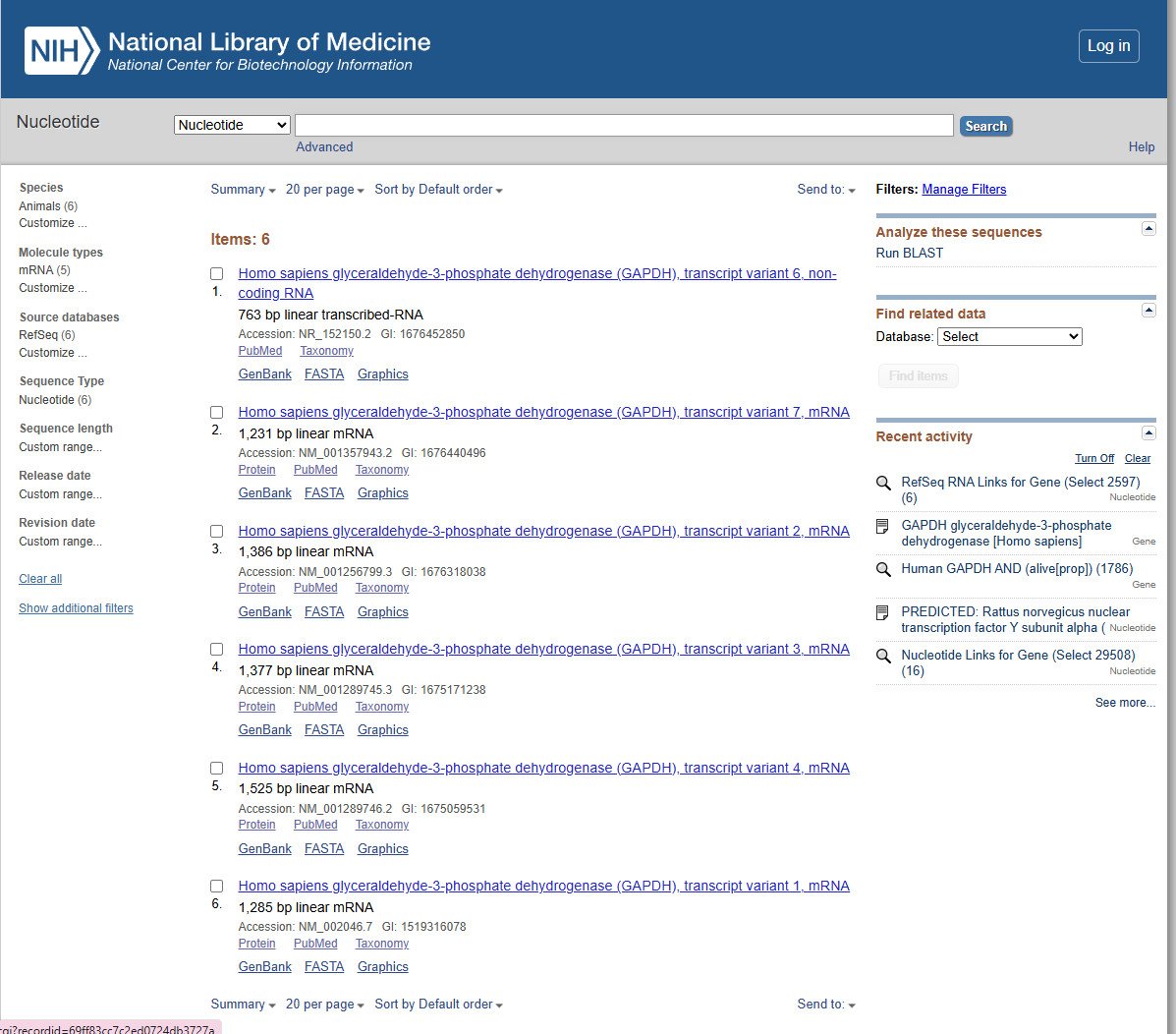 List of human GAPDH RefSeq RNA transcript variants on NCBI