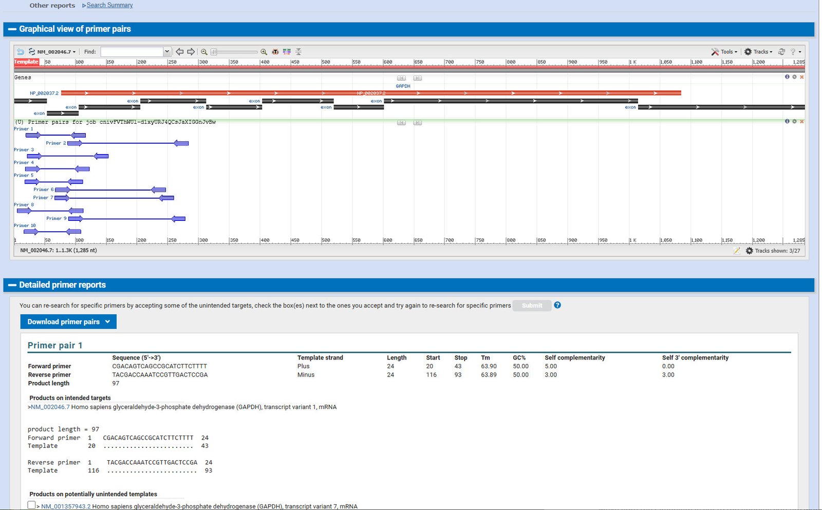 Primer-BLAST results table listing forward and reverse primer pairs for GAPDH