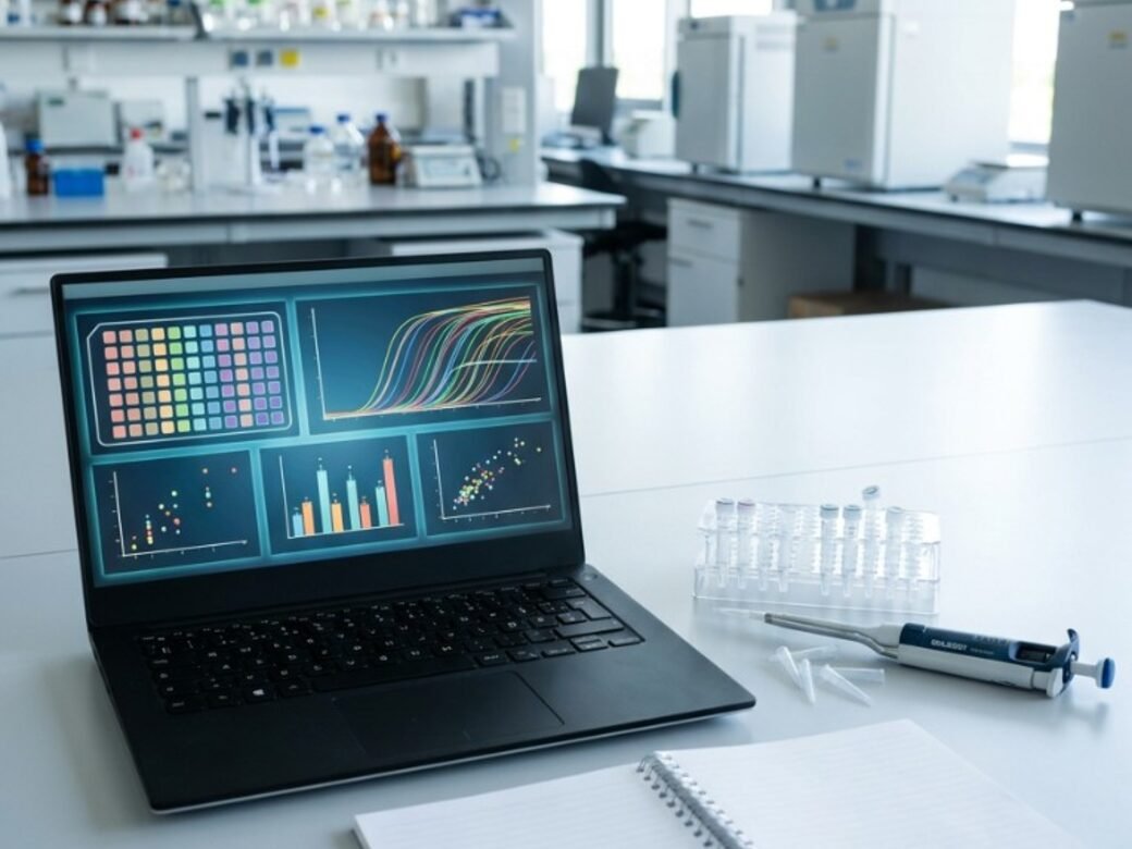 Laptop displaying qPCR amplification curves and fold-change graphs in a laboratory