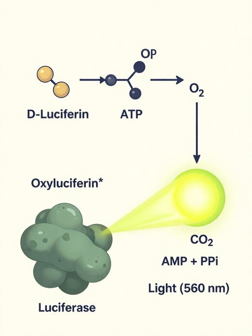 Diagram of the firefly luciferase reaction: D-luciferin and ATP enter luciferase to produce oxyluciferin, CO2, AMP, PPi, and light at 560 nm