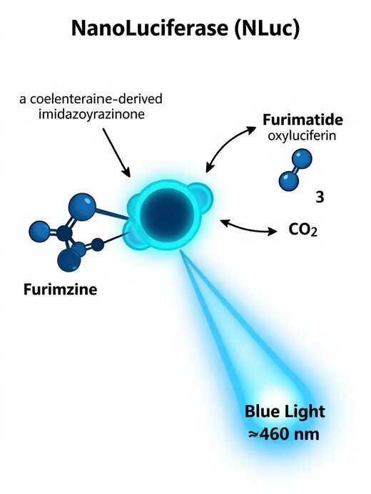 Diagram of the NanoLuc reaction: furimazine enters NanoLuciferase to produce furimamide oxyluciferin, CO2, and blue light at 460 nm