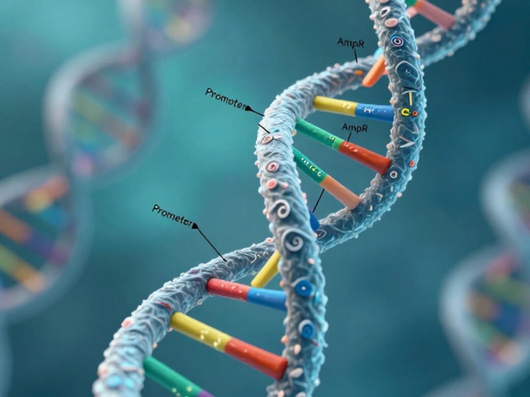 DNA double helix with promoter and antibiotic-resistance gene labels — reporter gene assay vector schematic