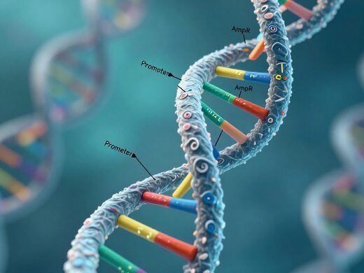 DNA double helix with promoter and antibiotic-resistance gene labels