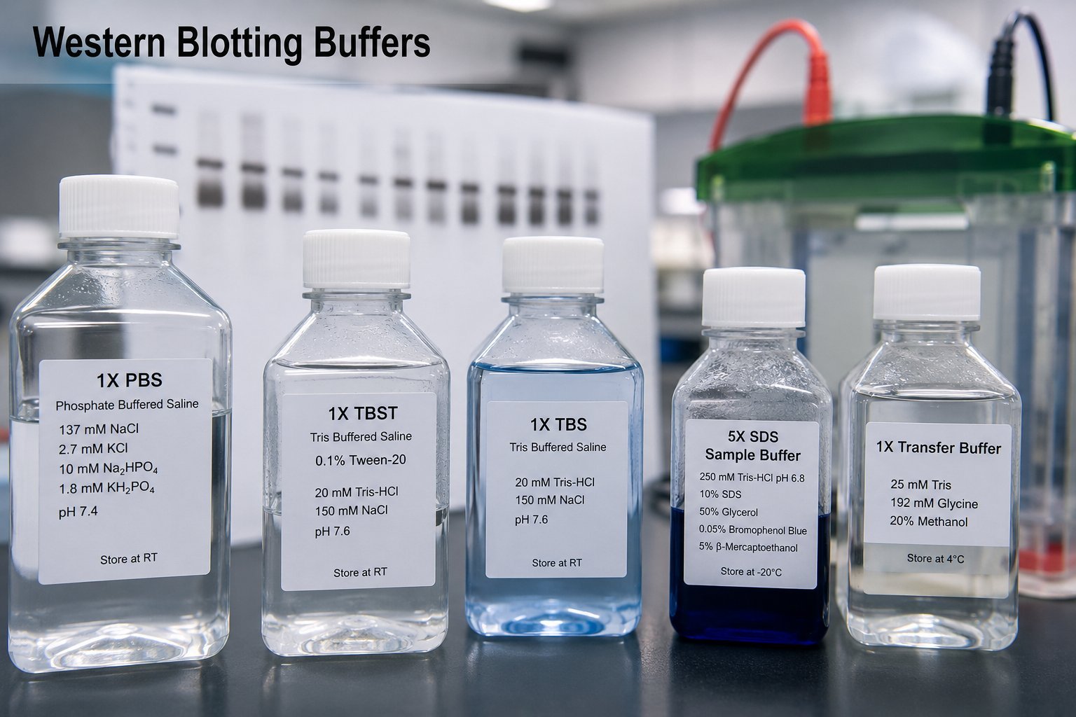 Labeled western blot buffer bottles: PBS, TBST, TBS, SDS sample buffer, and transfer buffer