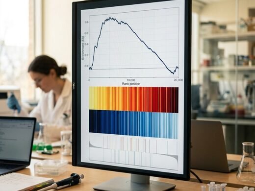 GSEA enrichment plot on a laboratory monitor showing ranked gene set analysis