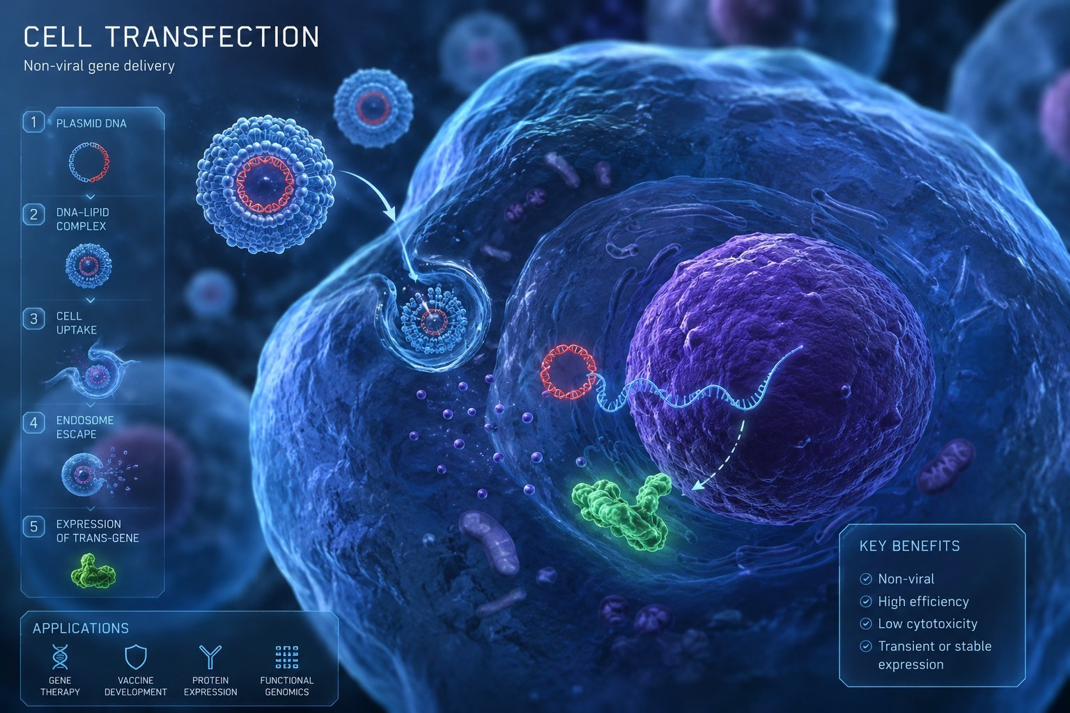 Infographic: non-viral cell transfection — plasmid DNA, DNA–lipid complex, uptake, endosome escape, and trans-gene expression