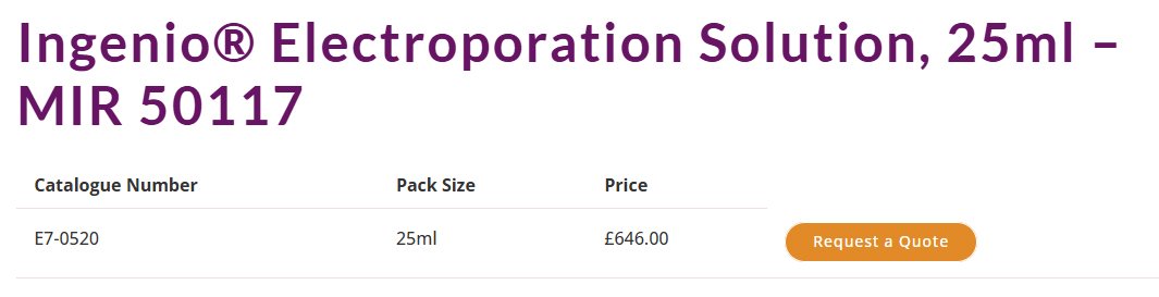Supplier listing: Ingenio Electroporation Solution, 25 ml (MIR 50117), catalogue E7-0520, price £646.00