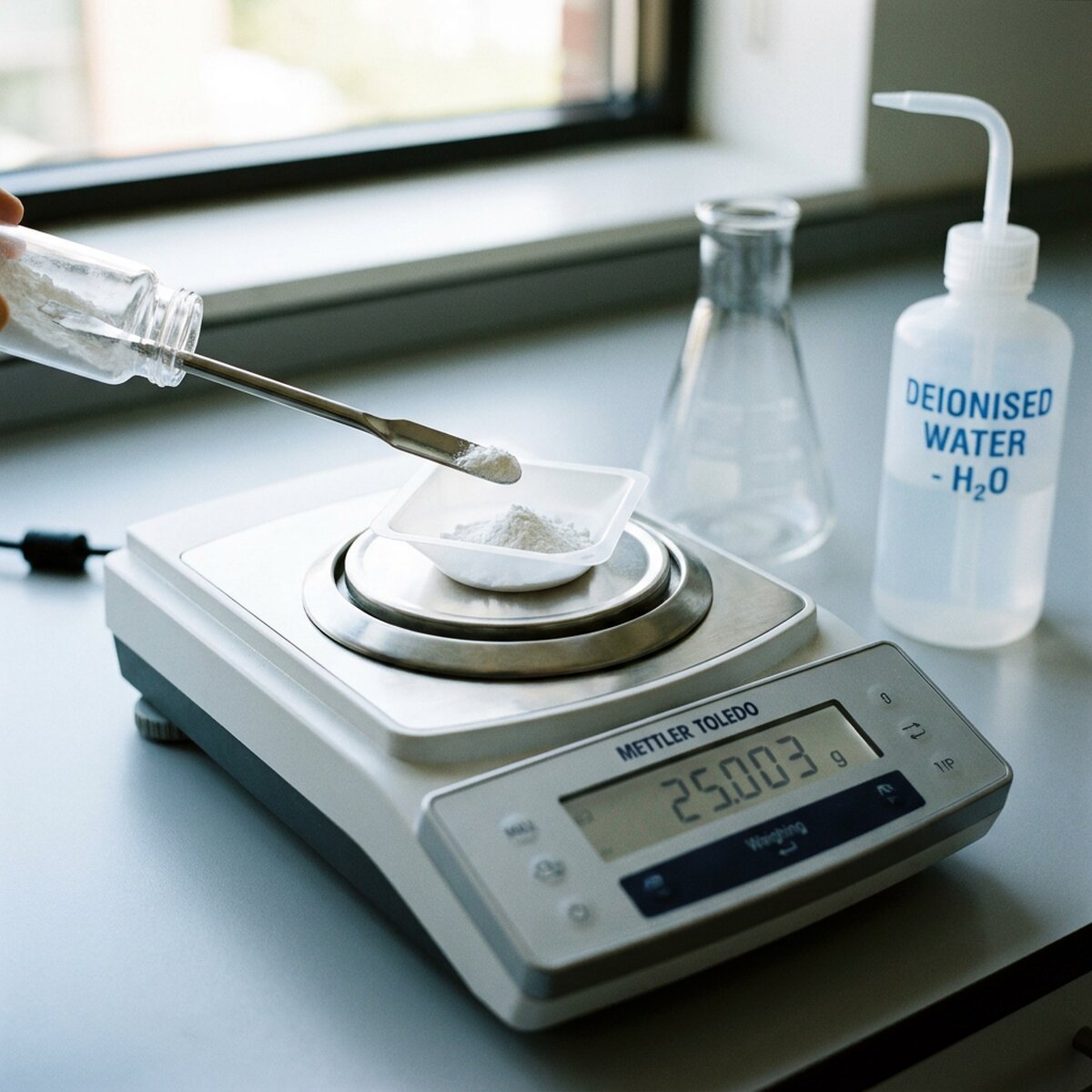 Weighing LB agar powder and combining dry ingredients in a flask