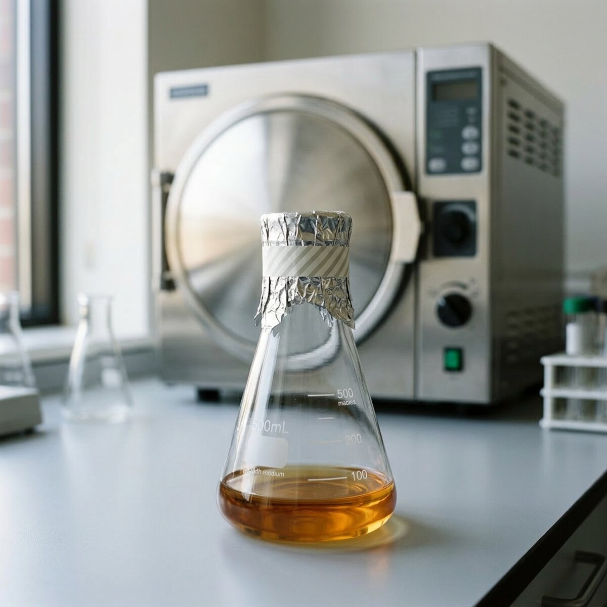 LB agar medium in a flask ready for autoclaving with loose cap and autoclave tape