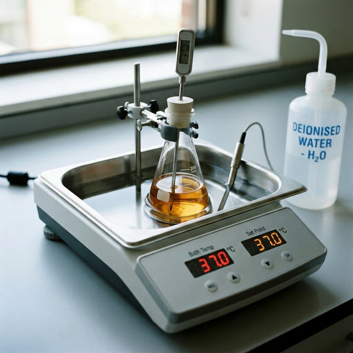 Molten LB agar bottle cooling in a water bath