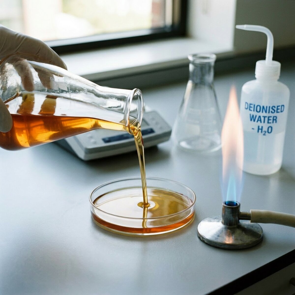 Pouring molten LB agar into a Petri dish for bacterial culture