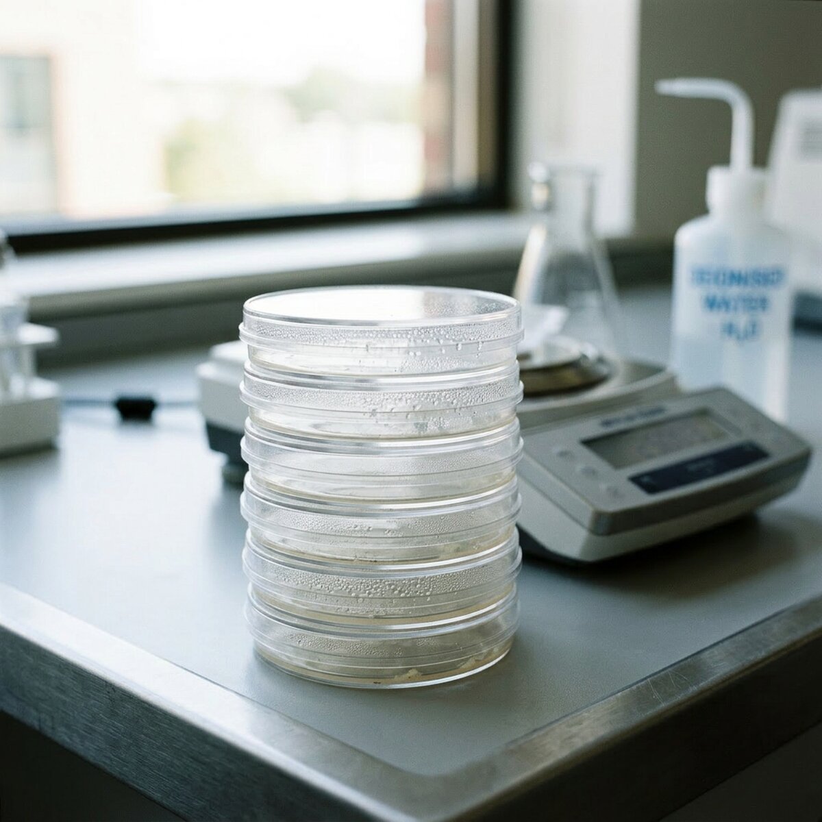 Freshly poured LB agar plates with level gel surfaces