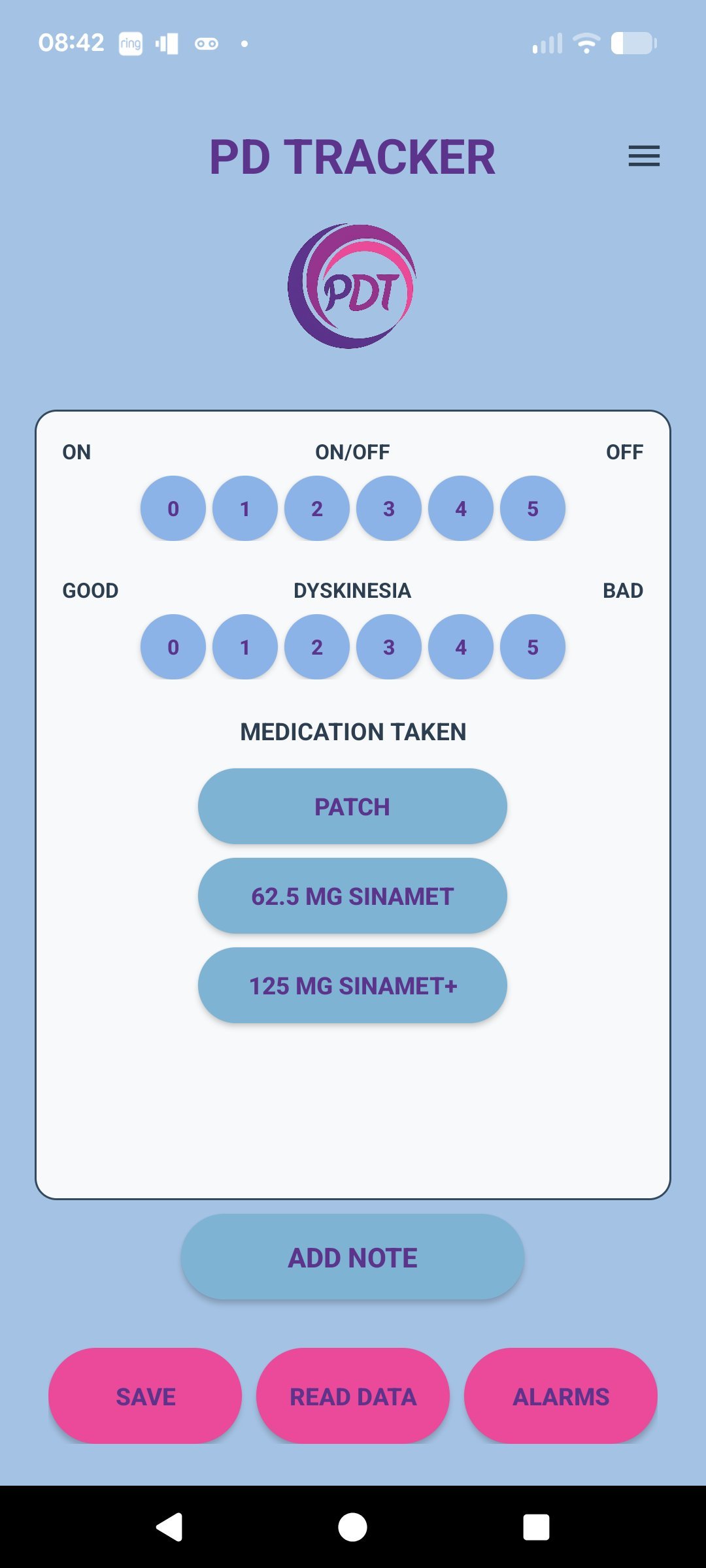 PD Tracker home screen with symptom and medication inputs